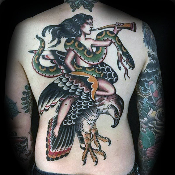 Awesome mens eagle snake and woman traditional tattoo on back