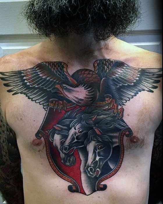 Bald eagle bird with horses mens traditional chest tattoos