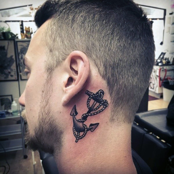 Behind the ear anchor tattoo for men