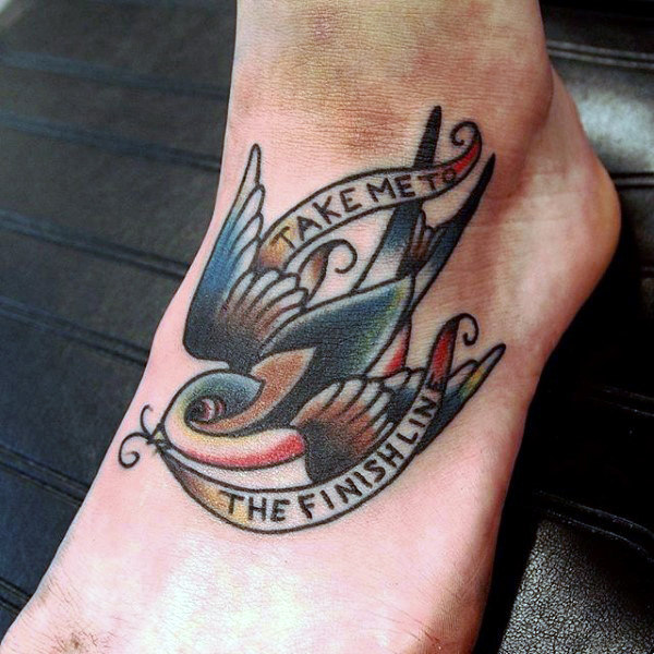 Bird with saying tattoo on foot for guys