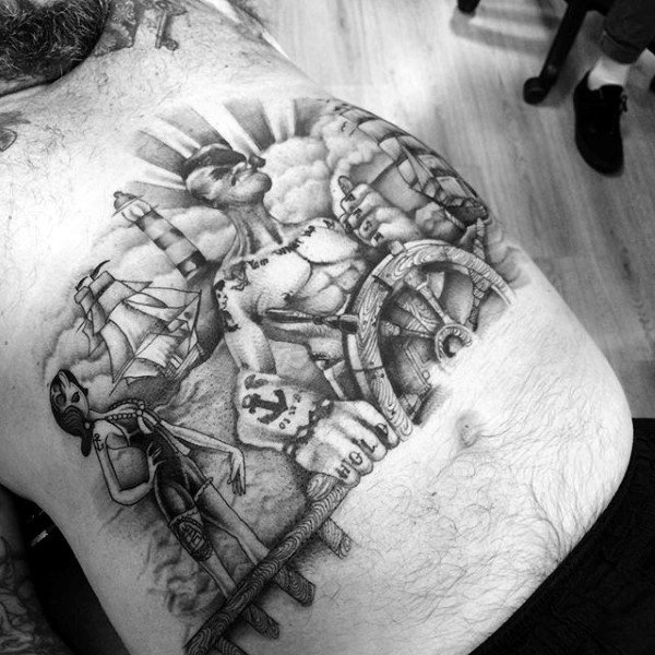 Cartoon style popeye steering ship wheel mens stomach tattoo