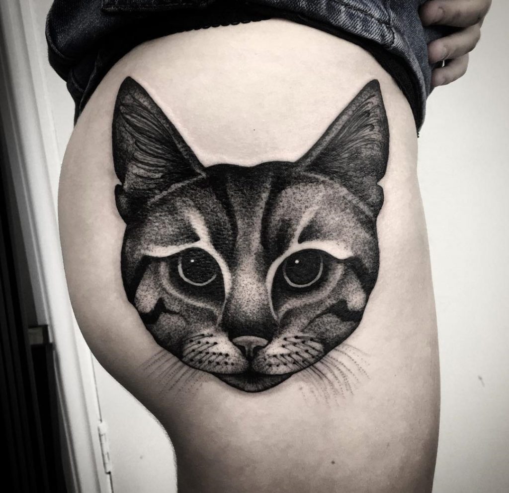 Cat Portrait Hip Tattoo