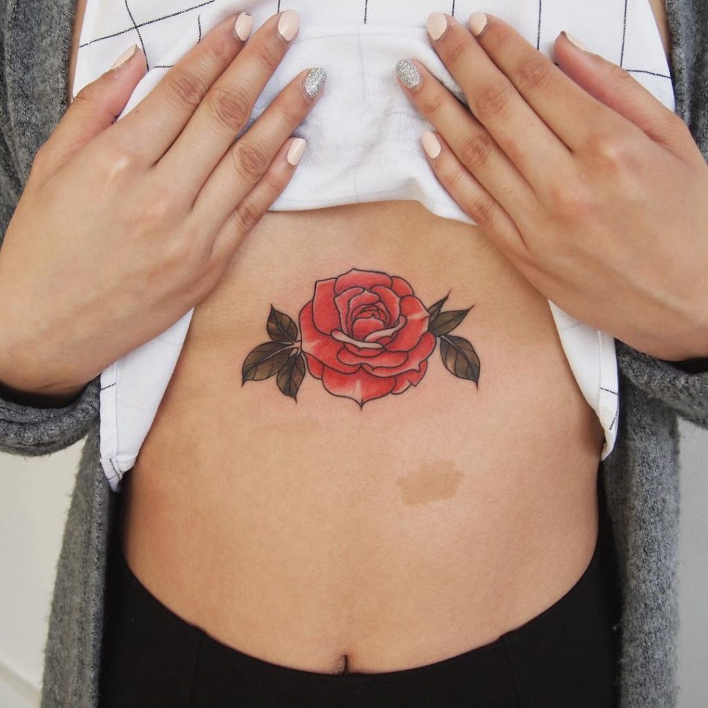 Colorful Rose Tattoo On The Sternum