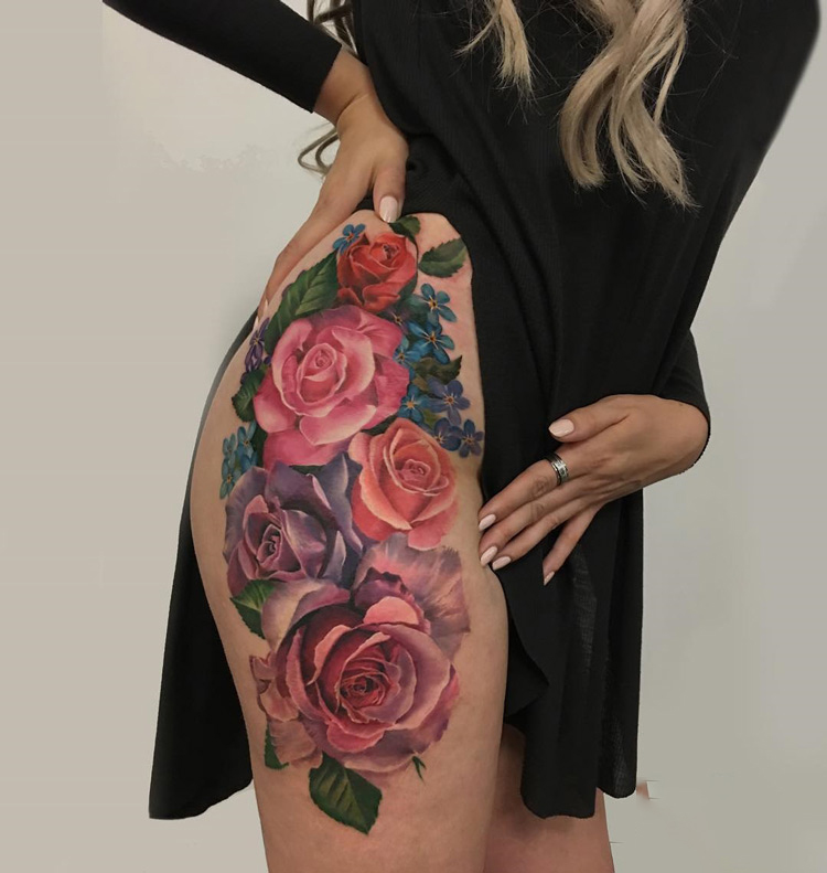 Colorful Roses Botanical Hip Tattoo