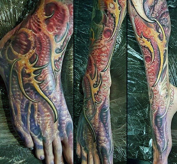 Colorful design foot tattoo for guys
