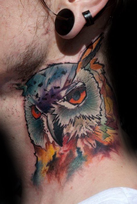 Colorful watercolor owl neck guys tattoo ideas