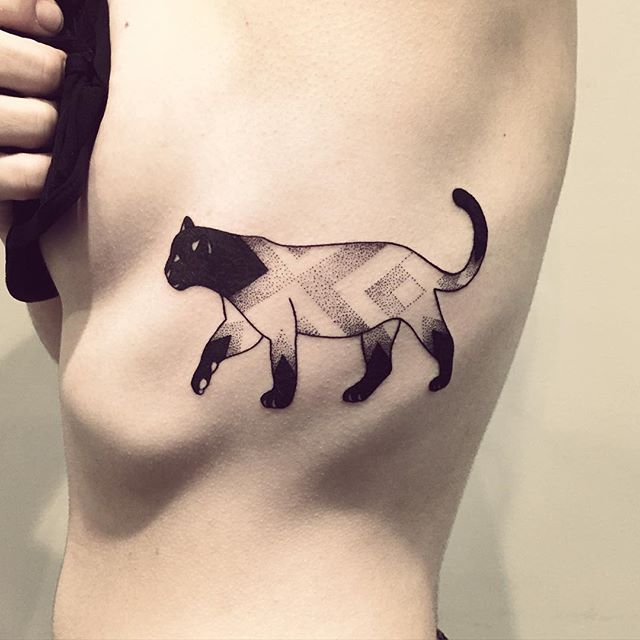 Cool Cat Tattoo On The Rib Cage
