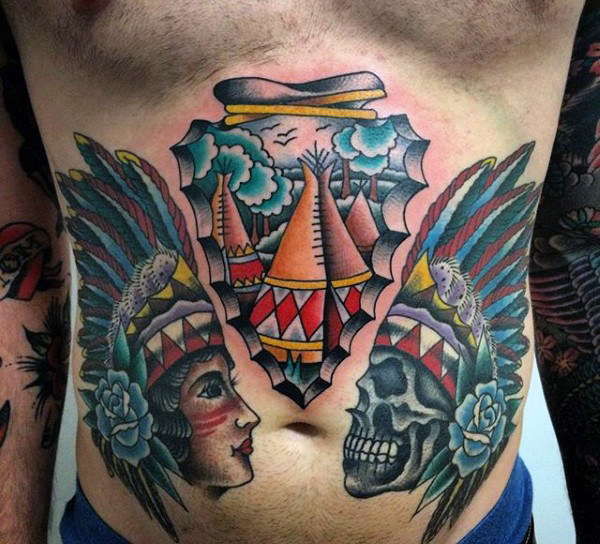 Cool male stomach tattoo ideas with old school indian designs