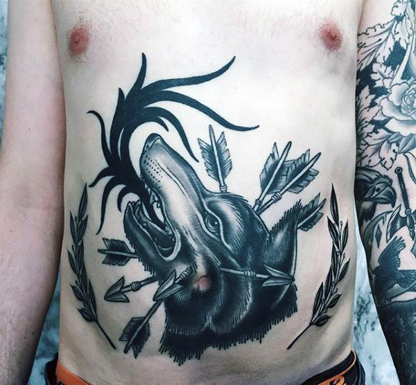 Cool stomach tattoos on men of wolf with arrows
