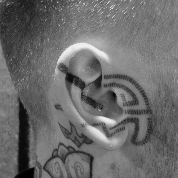 Dotwork lines male ear tattoos