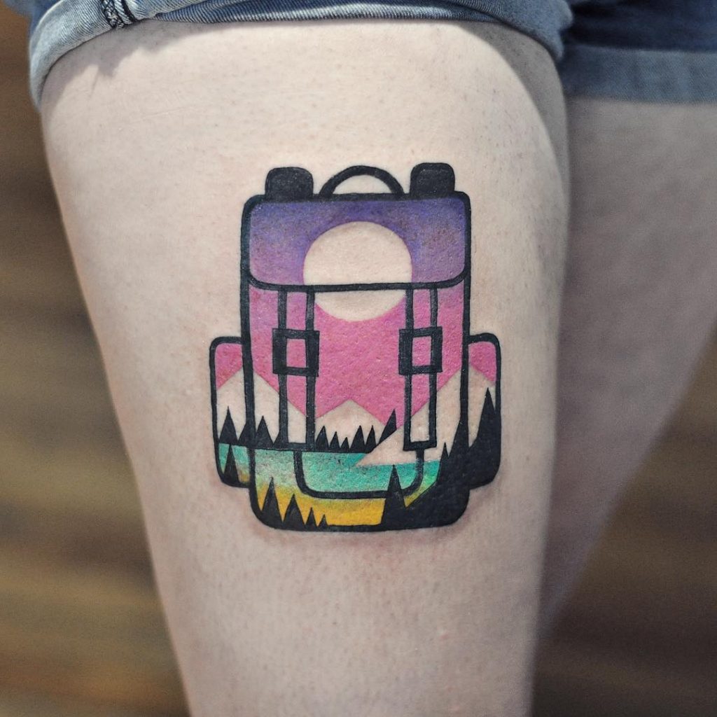 Double Exposure Backpack And Landscape Tattoo