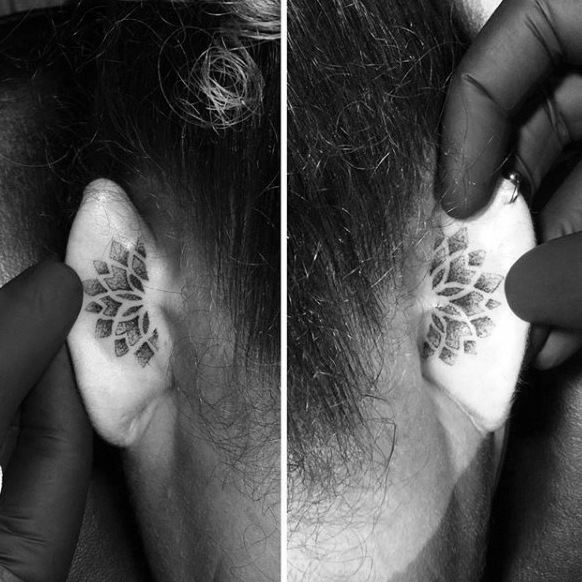 Floral geometric guys behind the ear tattoo design inspiration