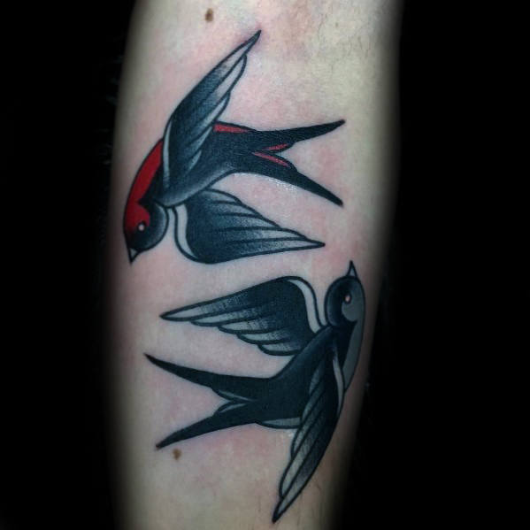Flying two sparrow birds guys traditional inner forearm tattoo ideas