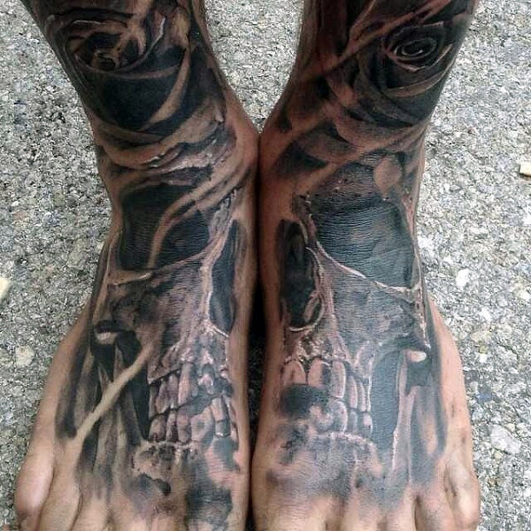Freakish skull and rose tattoo on foot for men