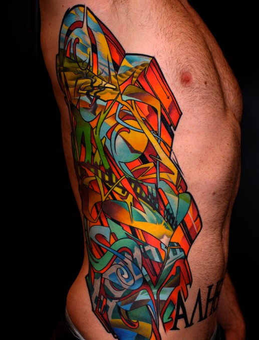 Graffiti tattoo rib cage on men