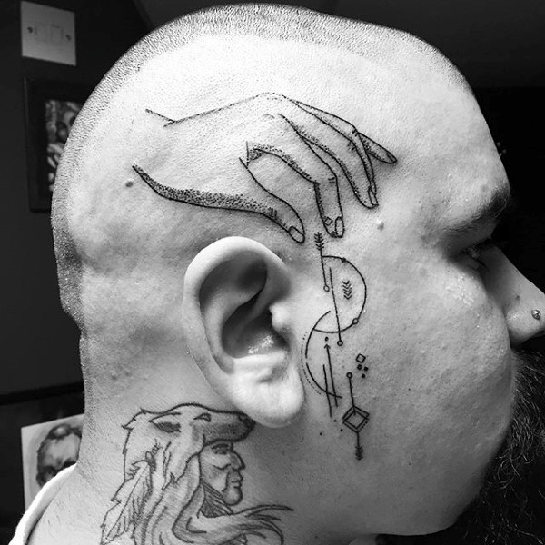 Hand with geometrical shapes guys face tattoos