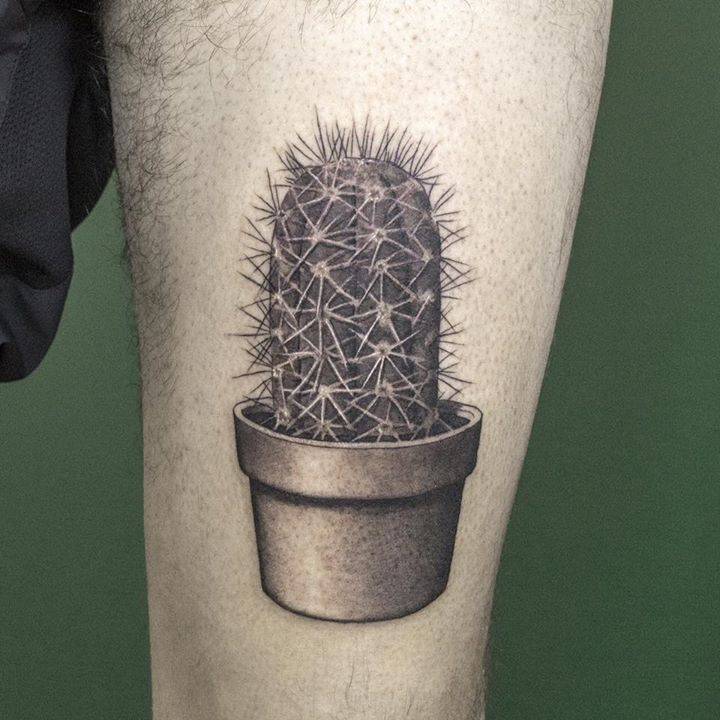 Hyper Realistic Black And Grey Cactus Tattoo