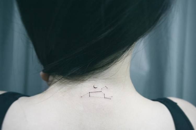 Little Leo Constellation And Crescent Moon Tattoo On The Neck