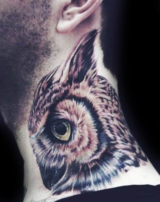 Male owl with yellow eyes side of neck tattoo ideas