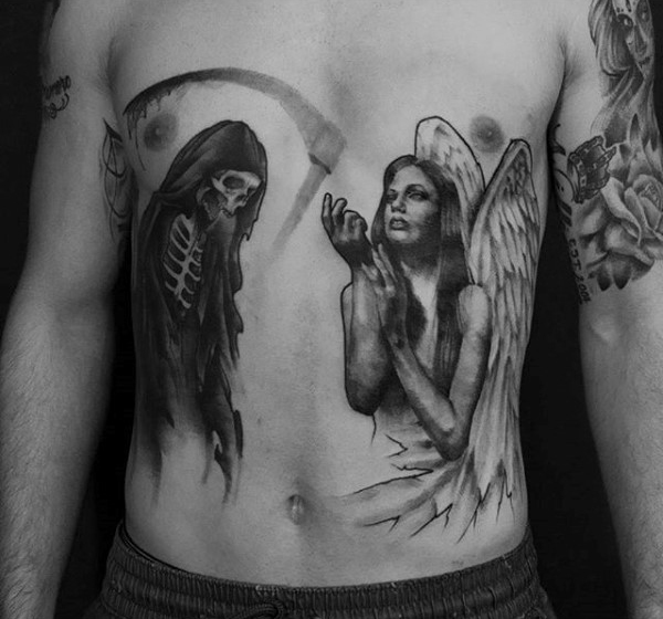 Manly stomach tattoo with angel and grim reaper