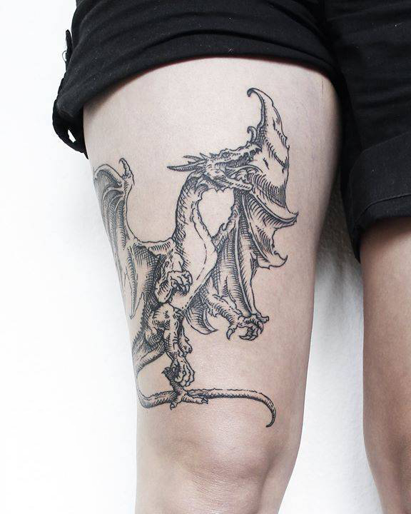 Medieval Dragon Tattoo On The Thigh