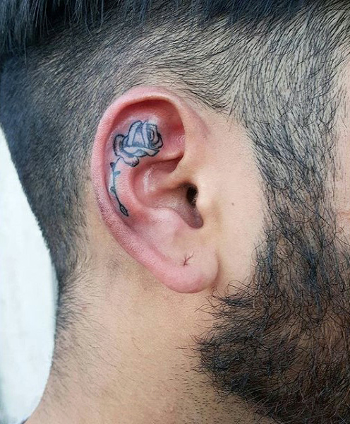 Men Rose flower ear tattoo