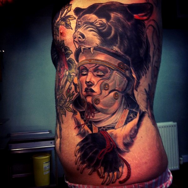 Mens animal bear ribcage tattoo