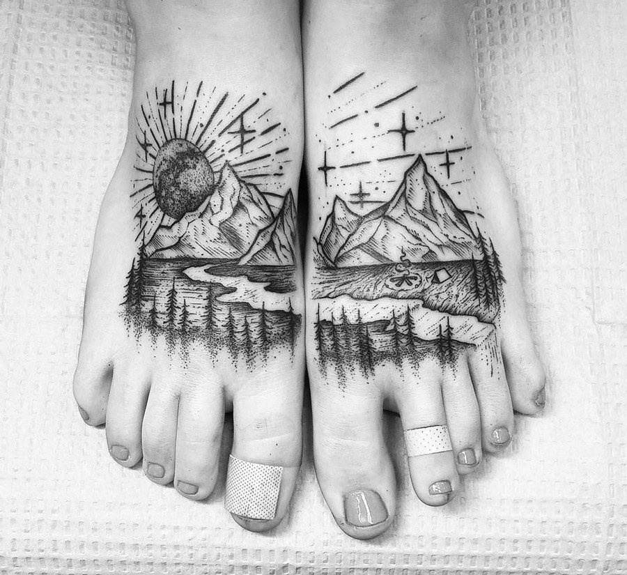 Mountains & River Foot Tattoo