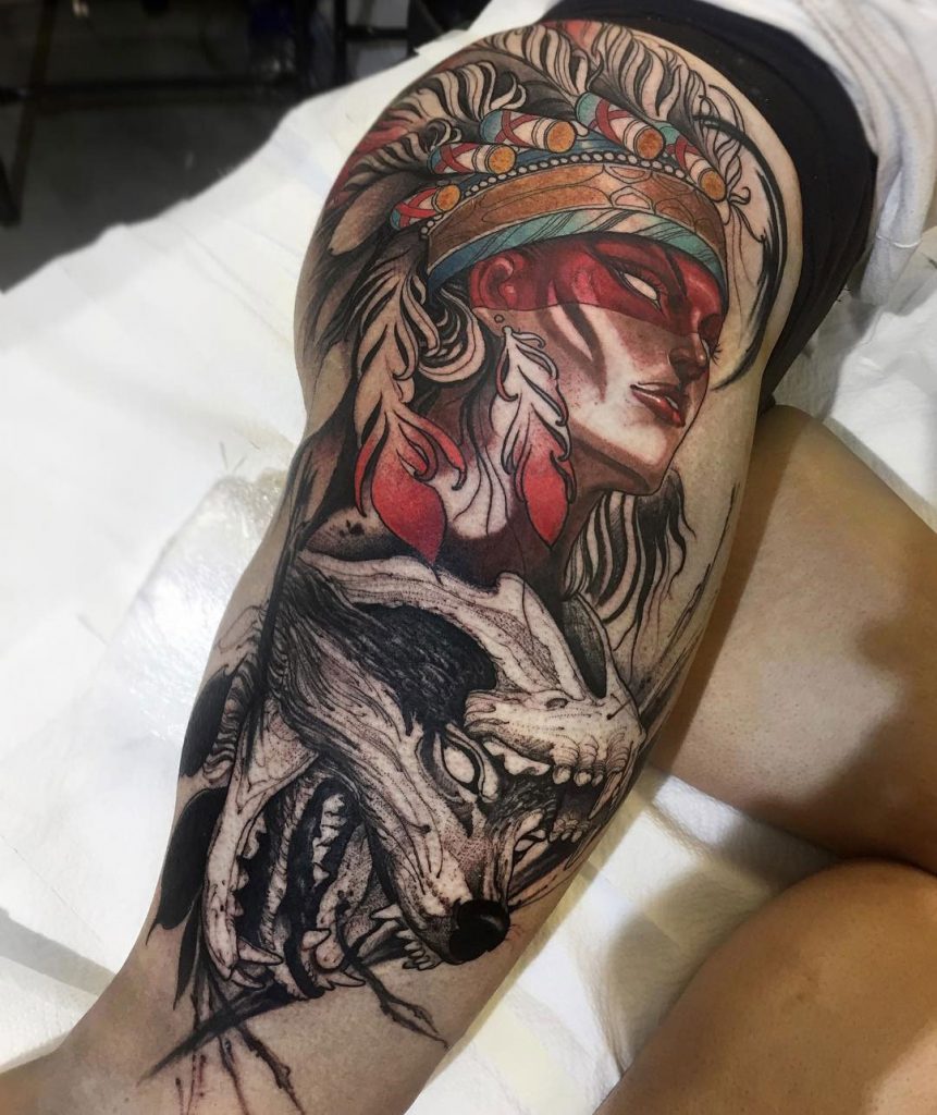 Native American Portrait & Wolf