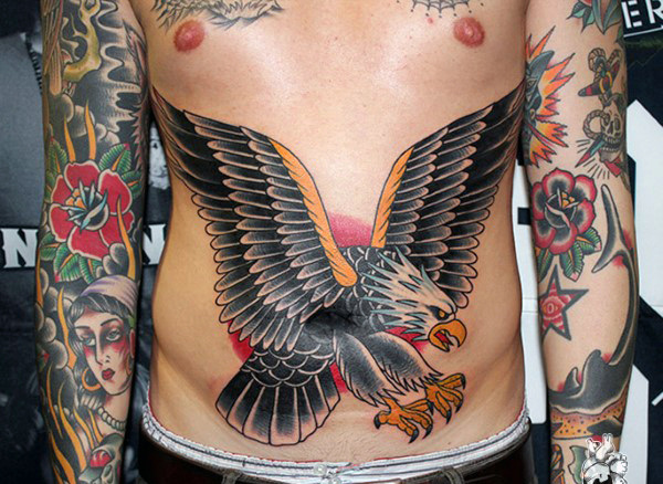 Old school eagle lower stomach tattoos men