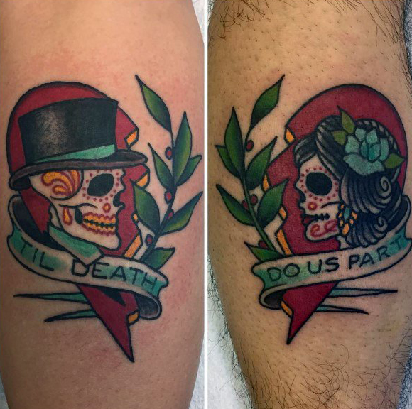 Old school traditional til death do us part heart couples tattoos