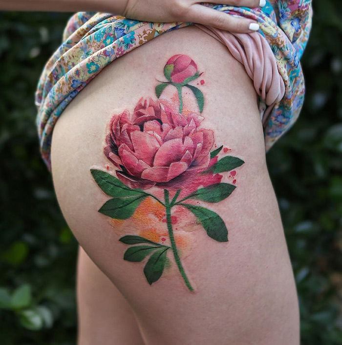 Peonies Hip Tattoo