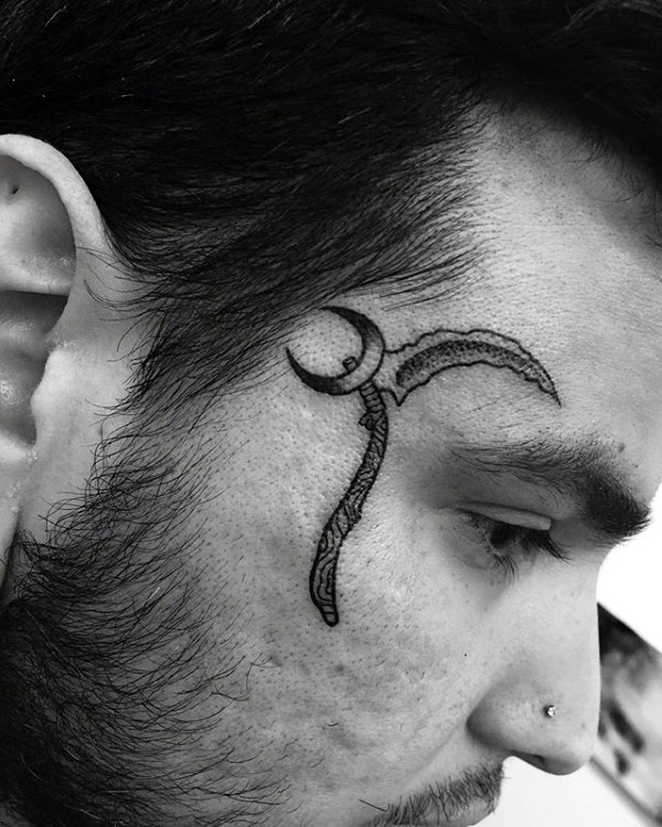 Scythe with moon mens face tattoos