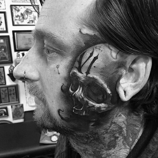 Shaded mens 3d realistic face skull tattoos