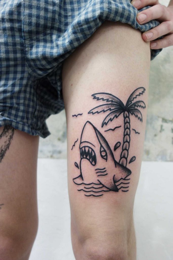 Shark And Palm Tree Tattoo