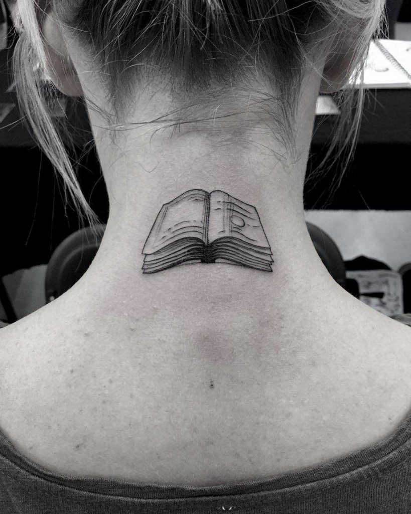 Small Book Tattoo On The Neck