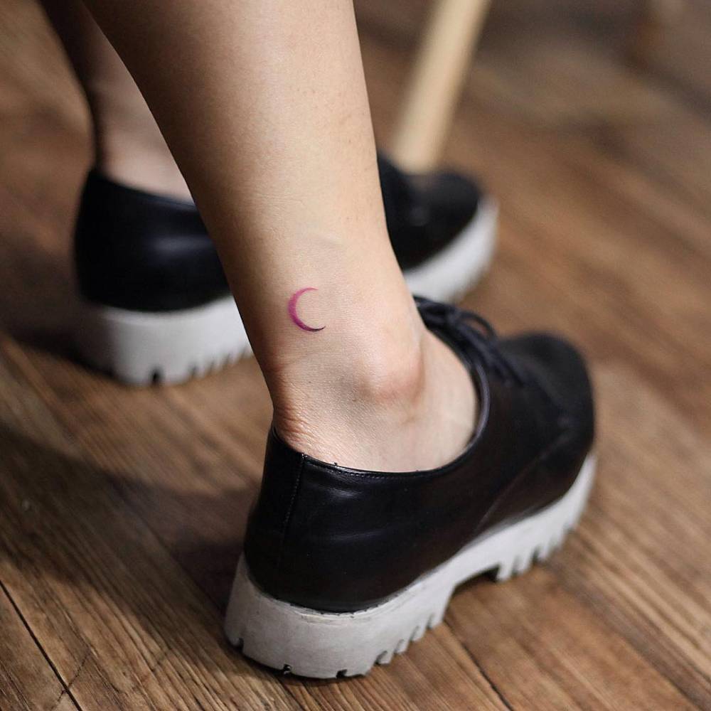Small Pink Moon Tattoo On The Right Ankle