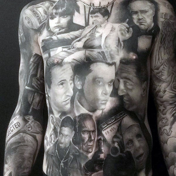 Stomach tattoo with portraits of faces