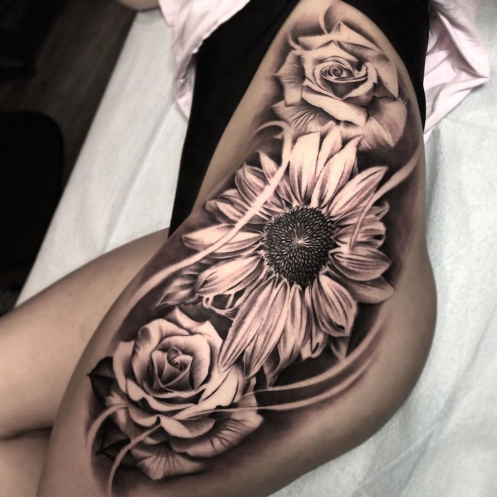 Sunflower & Roses Hip Tattoo