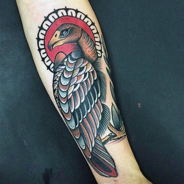 Traditional vulture bird mens forearm tattoos