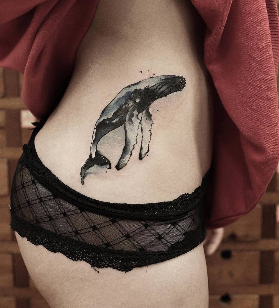 Watercolor Whale Hip Tattoo