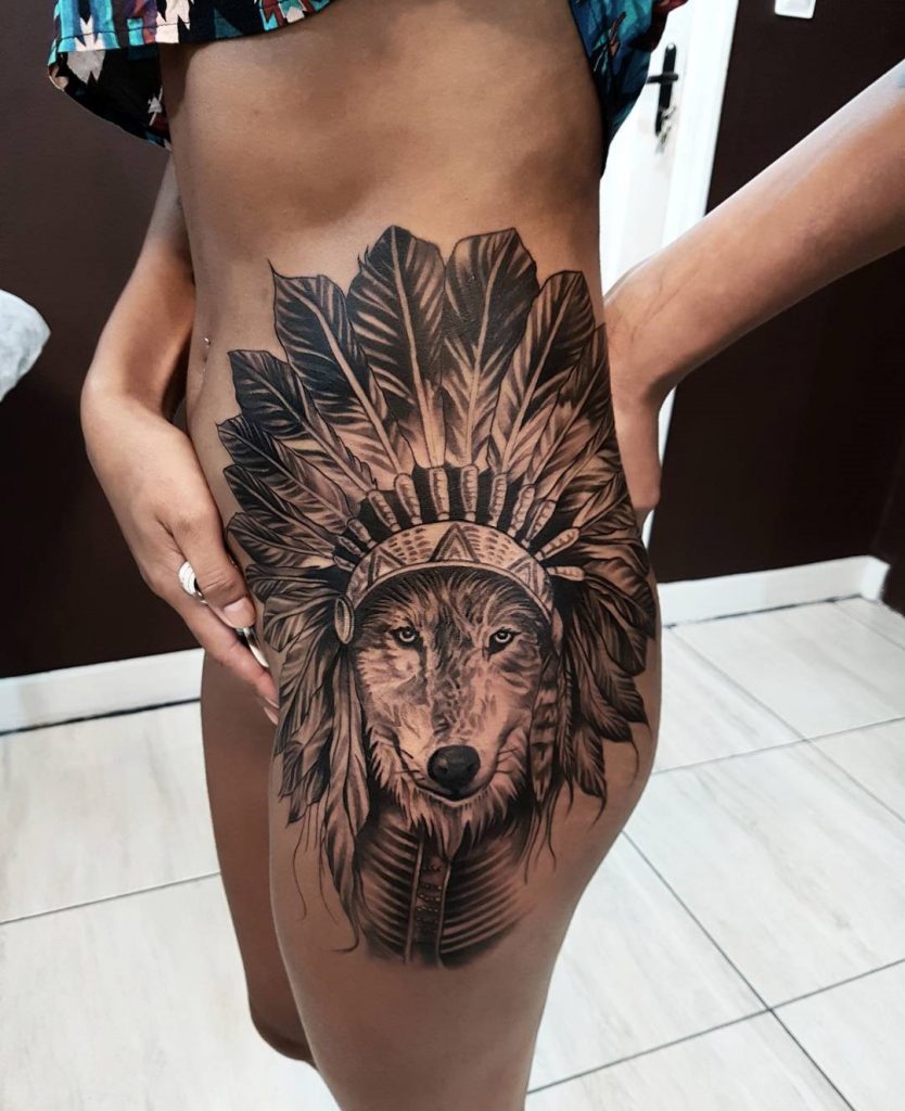 Wolf Headdress Hip Tattoo