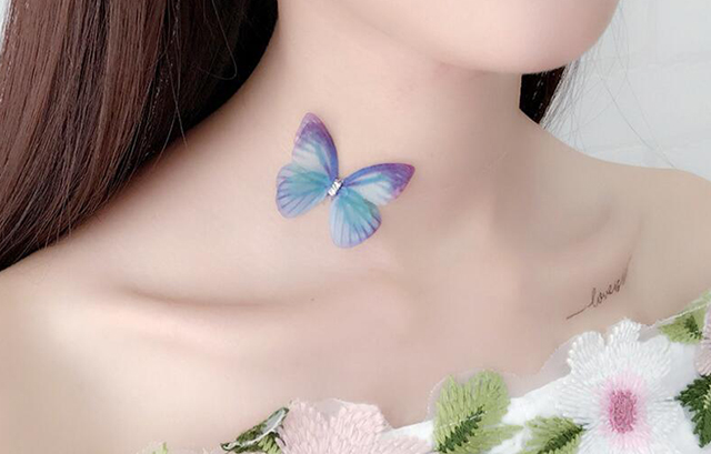 A colorful butterfly on the neck