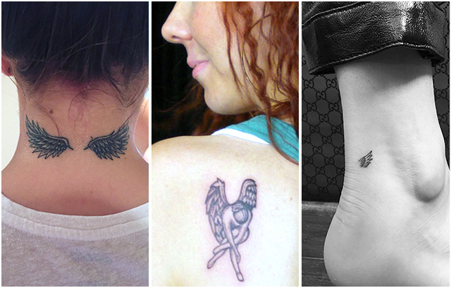Tiny Angel Tattoos on Her Neck Shoulder Leg