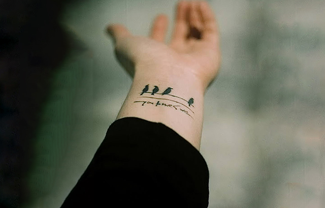 Tiny Black Birds on Branch Tattoo on Wrist