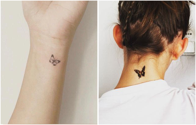 Tiny Butterfly Tattoo on Her Neck or Wrist