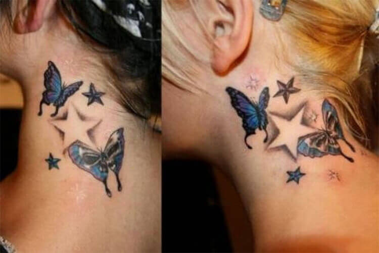 Beautiful and Colorful Butterfly Nape Tattoo.