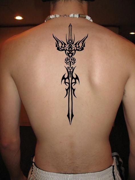 Trible Sword Tattoo designs on Men's Spine