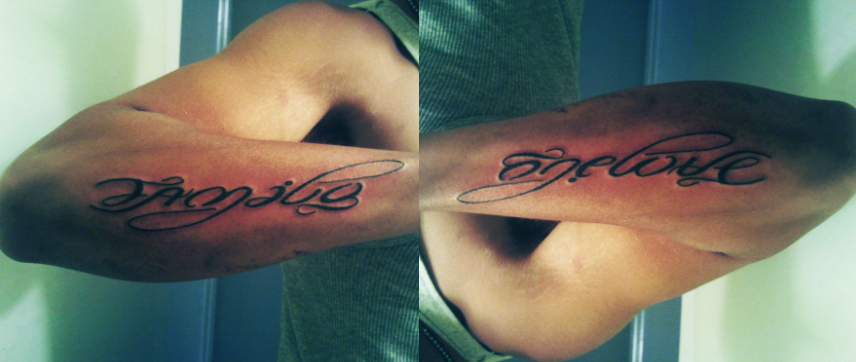 One love ambigram wrist tattoo'One love' ambigram wrist tattoo