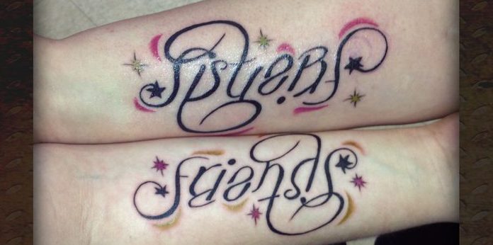 Ambigram ‘Sister Friends’ tattoo on forearm